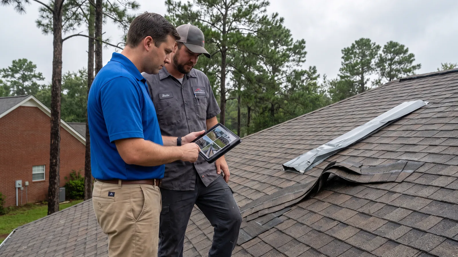 Insurance adjuster and roofing contractor reviewing hurricane damage photos on a tablet on a Mobile roof