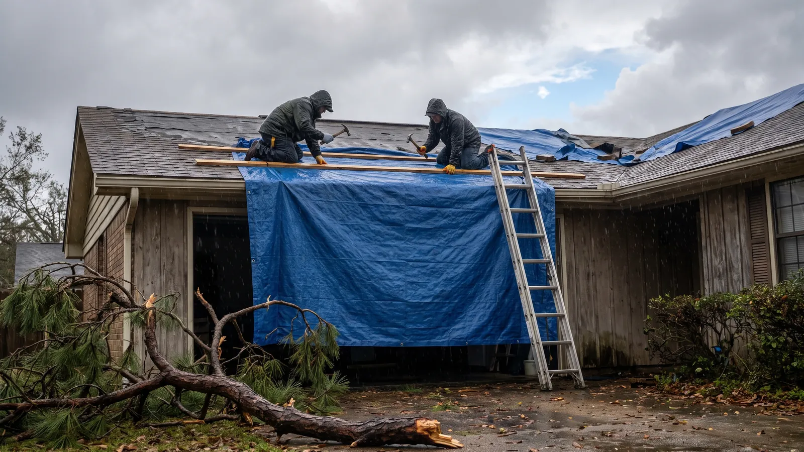 Roofers securing a blue emergency tarp over a wind-damaged roof after a hurricane in Mobile, Alabama