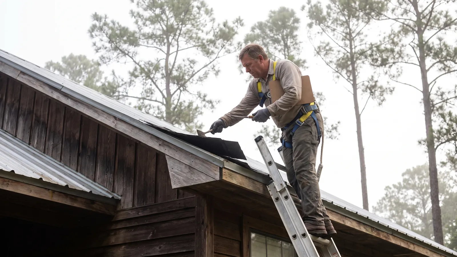 Roof inspector on a ladder checking shingle edges and drip edge on a Gulf Coast home with pines behind
