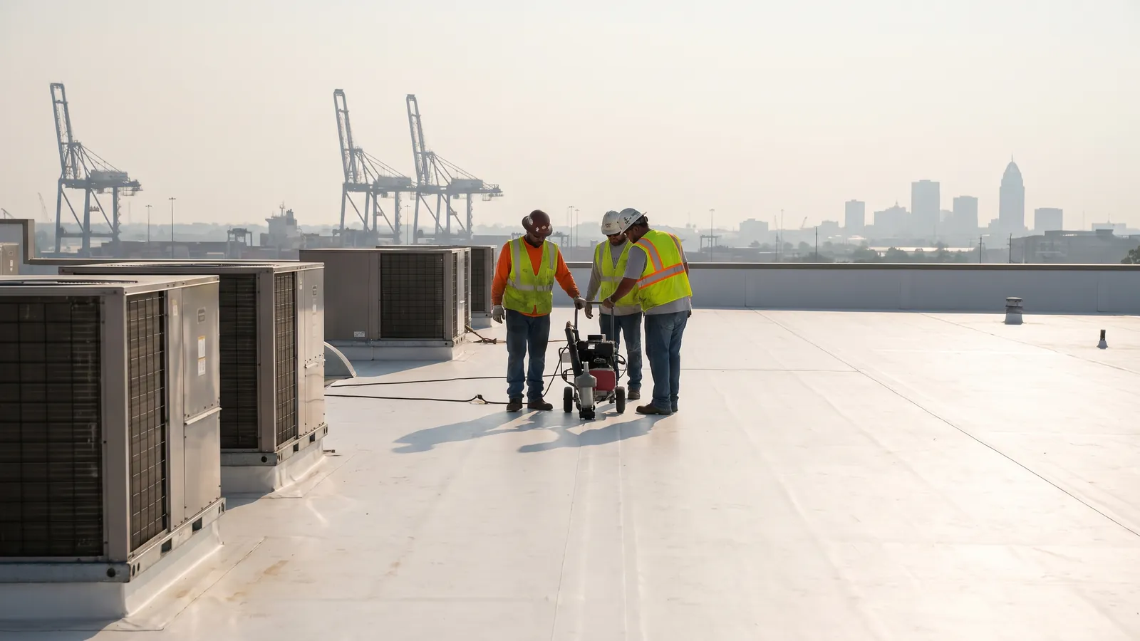 Crew heat-welding white TPO membrane on a flat commercial roof in Mobile, Alabama